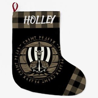 バイキングパーソナライズされたドラゴンロングシップセイルタンブラック ラージクリスマスストッキング