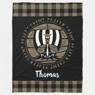 バイキングパーソナライズされたドラゴンロングシップRunesブラック フリースブランケット