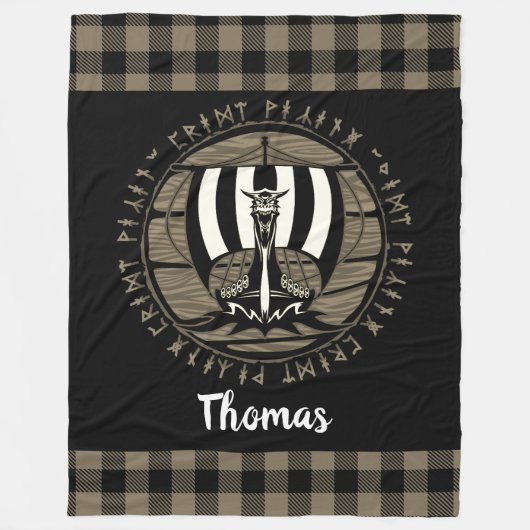 バイキングパーソナライズされたドラゴンロングシップRunesブラック フリースブランケット (正面)