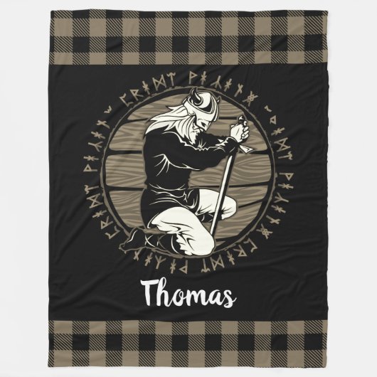 バイキングパーソナライズされたニーリング祈りの言葉ルーンタンブラック フリースブランケット (正面)