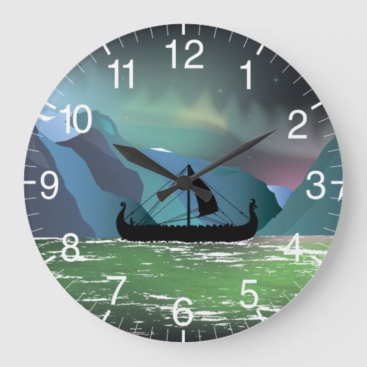 バイキングボートアットノルウェーフィヨルド ラージ壁時計 (正面)