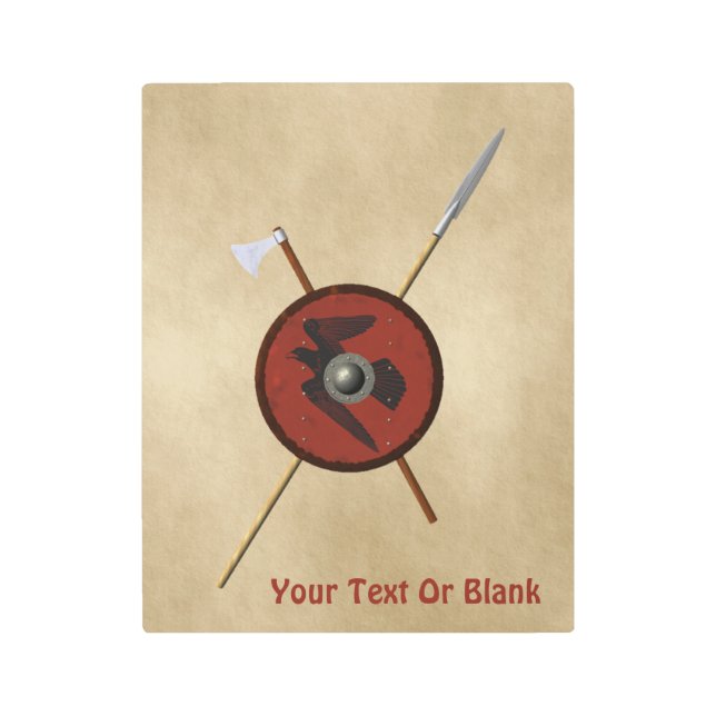 バイキングレイヴンシールド及び武器 メタルプリント (正面)