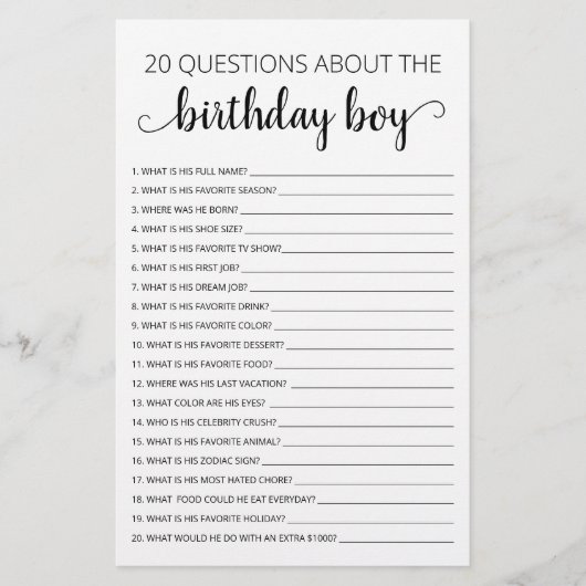 バイキング形式の誕生日ゲーム 誕生日の少年に関する20の質問 (正面)