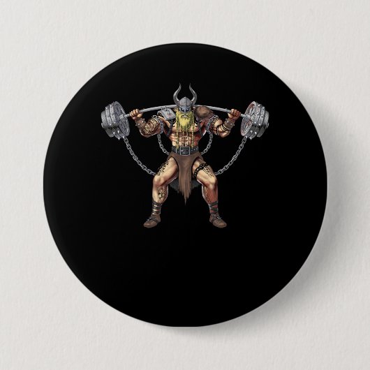 バイキング戦士フィットネス重量挙げ 缶バッジ (正面)