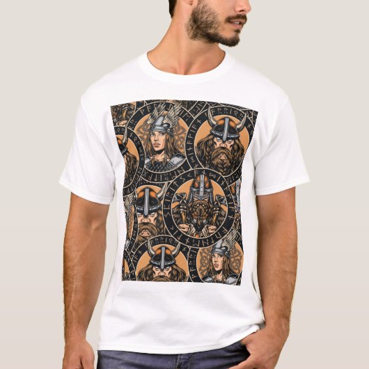 バイキング戦士：カラフルヴィンテージパターン Tシャツ (正面)