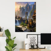 バイキング村の滝と山 | AI Art ポスター (ホームオフィス)