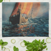 バイキング船が海で帆走/霧の中の海、長いボート キッチンタオル (折り畳み)