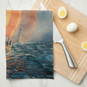 バイキング船が海で帆走/霧の中の海、長いボート キッチンタオル (四つ折り)