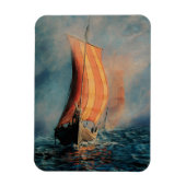 バイキング船が海で帆走/霧の中の海、長いボート マグネット (縦)