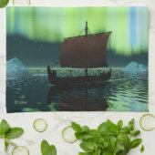 バイキング船とノーザンライト キッチンタオル (折り畳み)