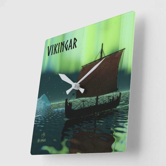 バイキング船とノーザンライト スクエア壁時計 (傾斜)
