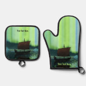 バイキング船の北極光 鍋つかみ&鍋敷きセット (正面)