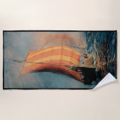 バイキング船/海ブラックトリムで帆に長いボート ビーチタオル (正面)