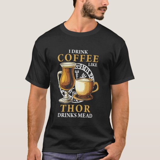 バイキング トール 北欧の神 コーヒー 飲む ユーモア 稲妻 Tシャツ (正面)