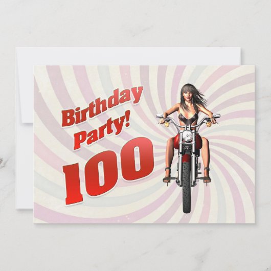 バイクで女の子と100歳の誕生日パーティー 招待状 (正面)