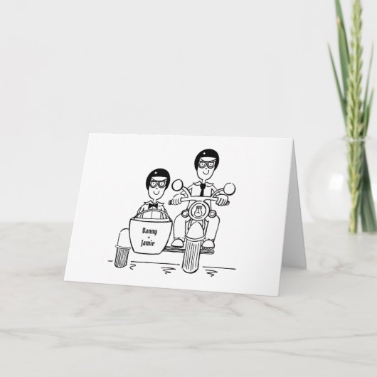 バイクとサイドカーの二人の花婿の結婚式 カード (正面)