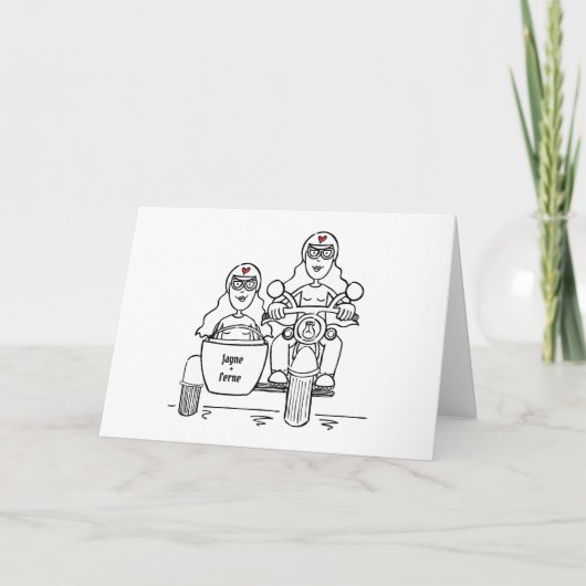 バイクとサイドカーの二人の花嫁の結婚式 カード (正面)