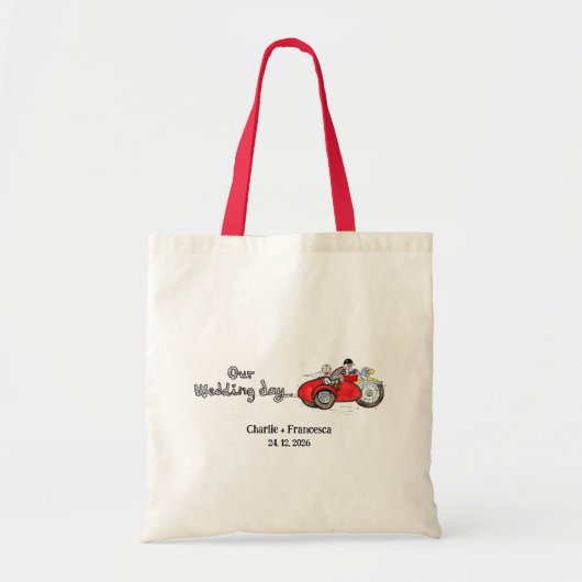バイクとサイドカーの結婚式 トートバッグ (正面)