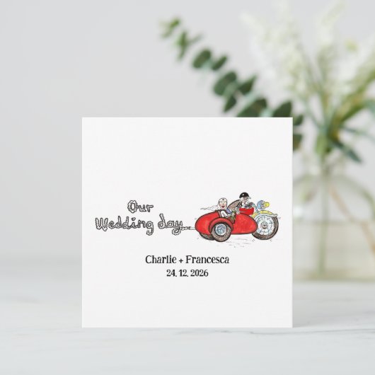 バイクとサイドカーの結婚式  招待状 (スタンド正面)