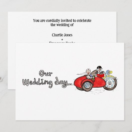 バイクとサイドカーの結婚式 招待状 (正面/裏面)