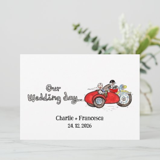 バイクとサイドカーの結婚式  招待状 (スタンド正面)
