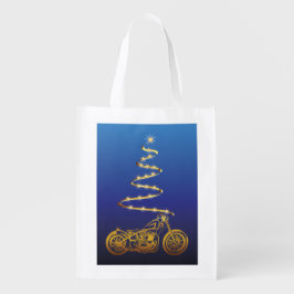 バイクとツリー付きオートバイ金ゴールドクリスマス エコバッグ