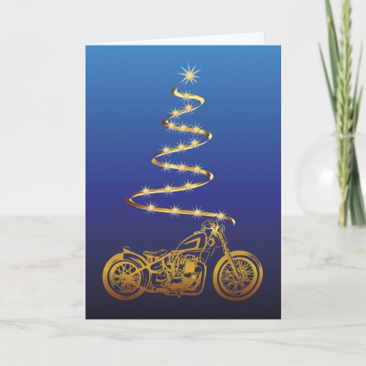 バイクとツリー付きオートバイ金ゴールドクリスマス カード (正面)