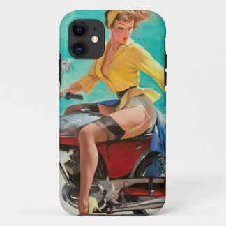 バイクとピンナップガール - レトロピンナップアート iPhone 11 ケース