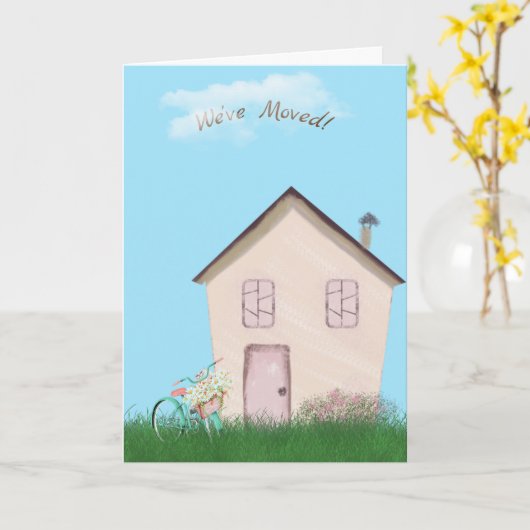 バイクと猫を持つピンクの家 カード (黄色い花)