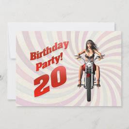 バイクにまたがる女性の20歳の誕生日パーティー 招待状