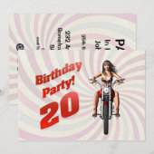 バイクにまたがる女性の20歳の誕生日パーティー 招待状 (正面/裏面)