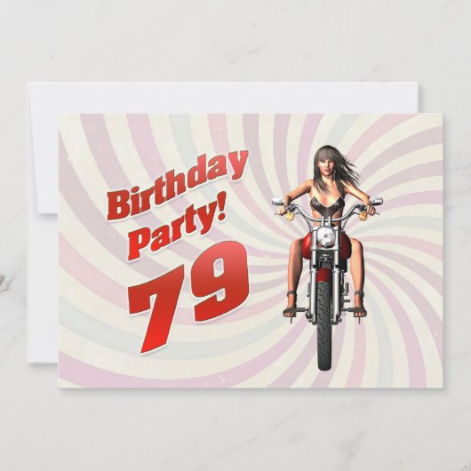 バイクにまたがる女性の79歳の誕生日パーティー 招待状 (正面)