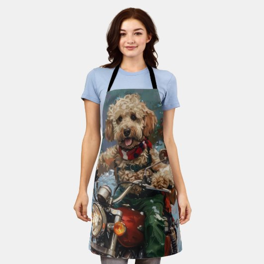 バイクに乗ったコックパウドクリスマス エプロン (着用した状態)