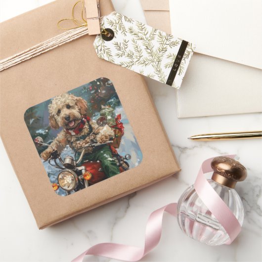 バイクに乗ったコックパウドクリスマス スクエアシール (ギフト)