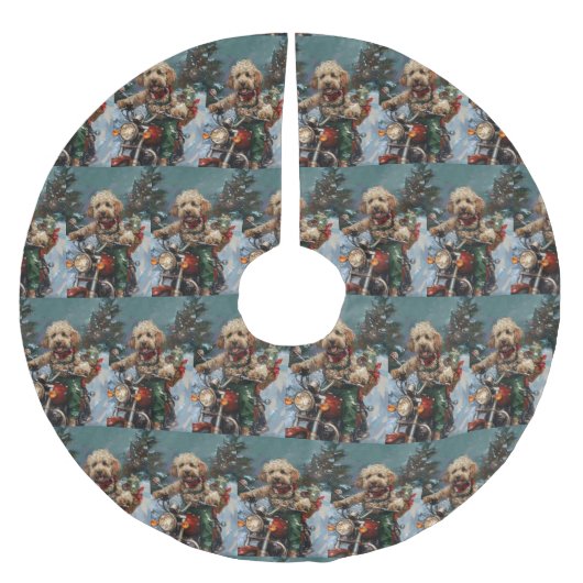 バイクに乗ったコックパウドクリスマス ブラッシュドポリエステルツリースカート (正面)