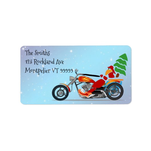 バイクに乗ったサンタとクリスマスツリーのラベル ラベル (正面)