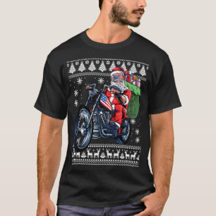 バイクに乗ったサンタのクリスマスツリー柄アガシルーズマスクリスマス Tシャツ