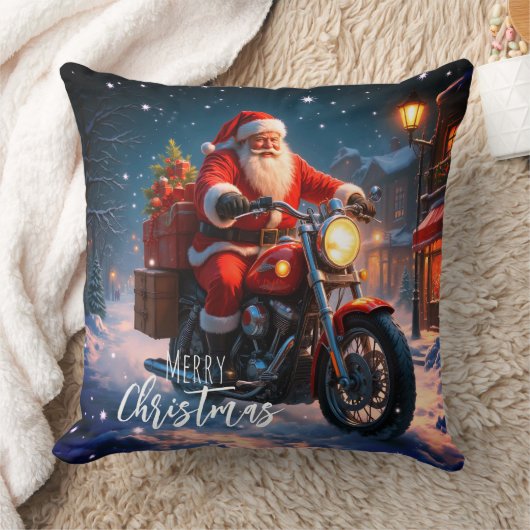 バイクに乗ったサンタクロース メリークリスマス クッション (ブランケット)