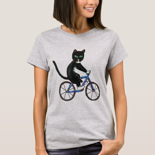 バイクに乗ったネコTシャツを着た女性猫のバイクに乗ったネコ Tシャツ (正面)
