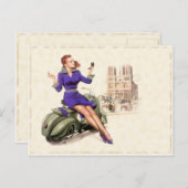 バイクに乗ったヴィンテージガール付きハガキ ポストカード (正面/裏面)