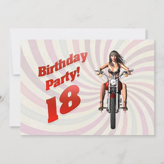 バイクに乗った女の子と18歳の誕生日パーティー 招待状 (正面)