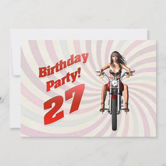バイクに乗った女の子と27歳の誕生日パーティー 招待状 (正面)