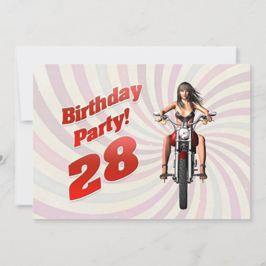 バイクに乗った女の子と28歳の誕生日パーティー 招待状 (正面)