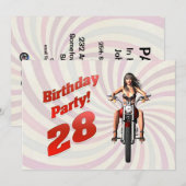 バイクに乗った女の子と28歳の誕生日パーティー 招待状 (正面/裏面)
