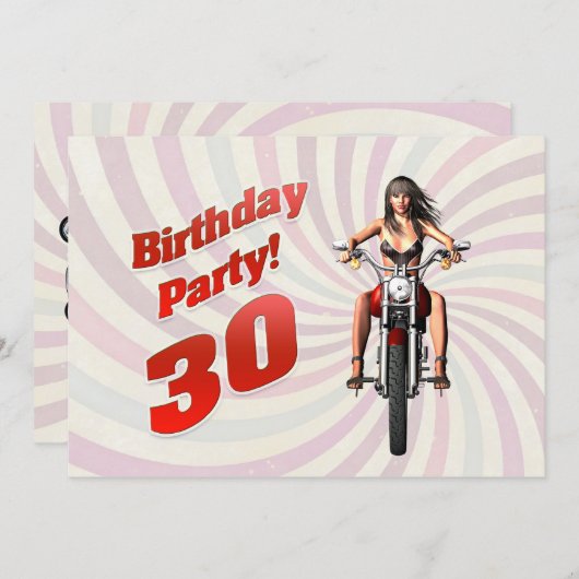 バイクに乗った女の子と30歳の誕生日パーティー 招待状 (正面/裏面)
