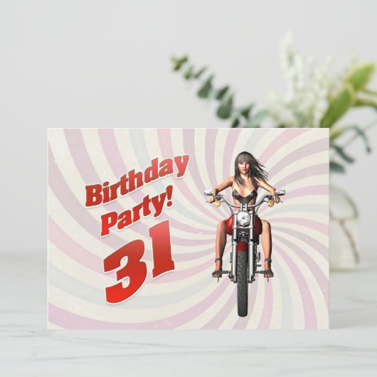 バイクに乗った女の子と31歳の誕生日パーティー 招待状 (スタンド正面)