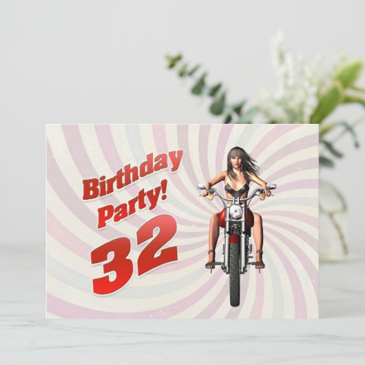 バイクに乗った女の子と32回目の誕生日パーティー 招待状 (スタンド正面)