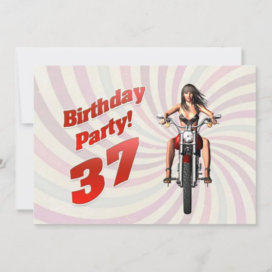 バイクに乗った女の子と37歳の誕生日パーティー 招待状 (正面)