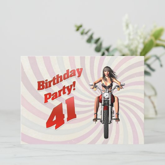 バイクに乗った女の子と41歳の誕生日パーティー 招待状 (スタンド正面)