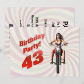 バイクに乗った女の子と43歳の誕生日パーティー 招待状 (正面/裏面)